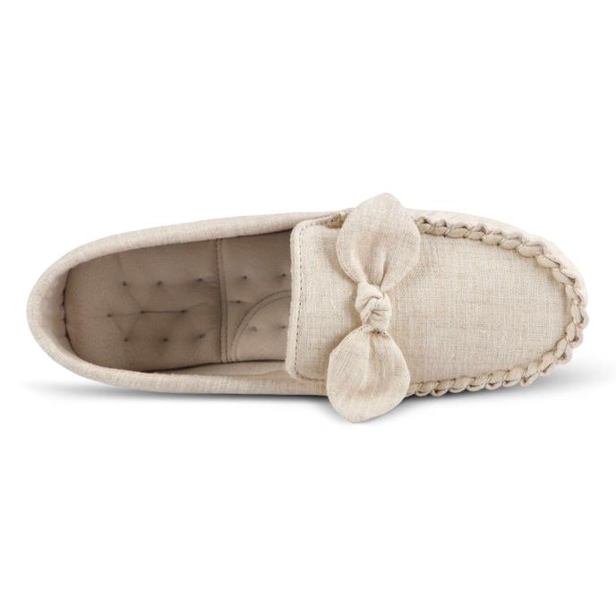 Isotoner® Ladies Linen Bow Moccasin Slipper Stone Extra Image 4